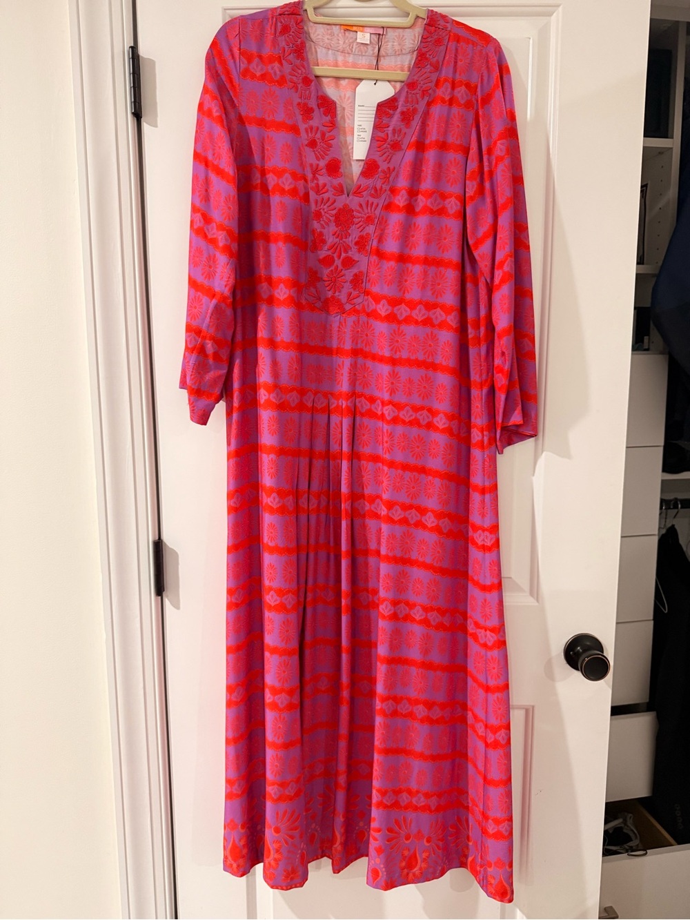 Pink and Red Printed Maxi Dress with Embroidered V-Neck